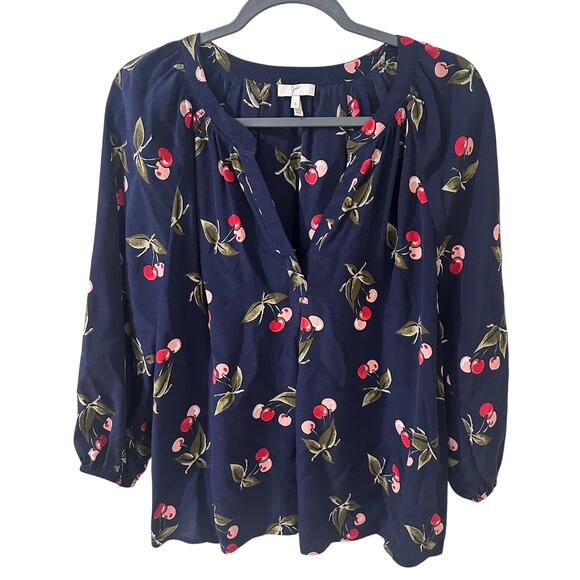 Joie Addie B Printed Silk Crepe De Chine Blouse Navy Novelty Cherry Print, S - Picture 2 of 7